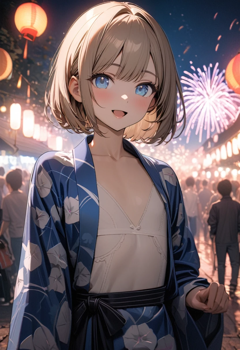1 girl, 18yo, (flat chest: 1.5), blue eyes, light brown hair, bob cut, morning glory patterned yukata, smile, open mouth, standing, upper body, (various pose:1.5), Fireworks festival, riverbank, crowd, 8k, RAW photo, best quality, masterpiece, extremely detailed 8k wallpaper, ultra-detailed, best shadow, detailed background, beautiful detailed face, beautiful detailed eyes, nice hands, perfect hands