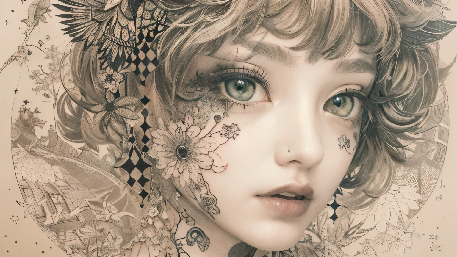 ((((masterpiece))), tattoo、Highest quality, An illustration, Beautiful details shine,
paper_cut, The details of a fragile girl's face captured on camera, wood, moon, butterfly,Wind、star、spider、Ladybug、centipede
