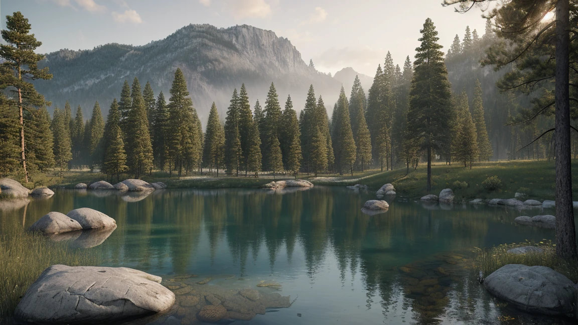 Image of a pine forest with a lake in the background, Vintage oil painting style, High resolution (4K, 8k), High resolution textures, Realistic lighting, Soft Shadows, Accurate reflections, Realistic materials, Depth of written boundary, Anti-aliasing ( smooth edges), Fine and accurate details. Accurate colors and tones., High quality rendering, Use advanced rendering techniques (Ray tracing, path tracing, etc.) If you can,
Optimized rendering times to avoid noise and artifacts. A well-balanced and attractive composition, Epic Art, Sam Young, High level of detail, masterpiece