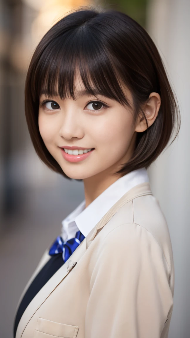 masterpiece)、(Highest quality:1.5)、(Photorealistic:1.2)、(Surreal), (High resolution), (Realistic), (Post-processing),(Sharp focus), Sharp focus:1.2,Backlight, (Improvement of quality:1.4), (Narrow waist)、((Perfectly detailed five-fingered hands)),(Anatomically correct body)、((1 female:1.4))、Japanese、Realistic Skin、(Small chest:1.4)、Bust size is A cup、A pretty woman with a slender figure:1.4,(from the front:1.5), (Enhances the beauty of skin texture:1.1),No makeup、美しいBlack Hair、smile、Natural color lip、(Small Mouth:1.4)、The mouth is not open、Thick lips、(Oval Face)、Even bangs、Hide eyebrows with bangs、((33-year-old woman))、Bob Hair、Hair blowing in the wind, (Black Hair, Iris, Watery eyes, Shining Eyes, Bob cut hair,), Hair behind the ear、No makeup、(Drooping eyes)、(((One lovely woman)),((優しい大きなsmile)),(( Small breasts,Small breastsの谷間)),((((Plump Cheeks)))),very cute,(Baby Face),Raccoon face,1 girl, (Please wear your high school blazer uniform:1.2),