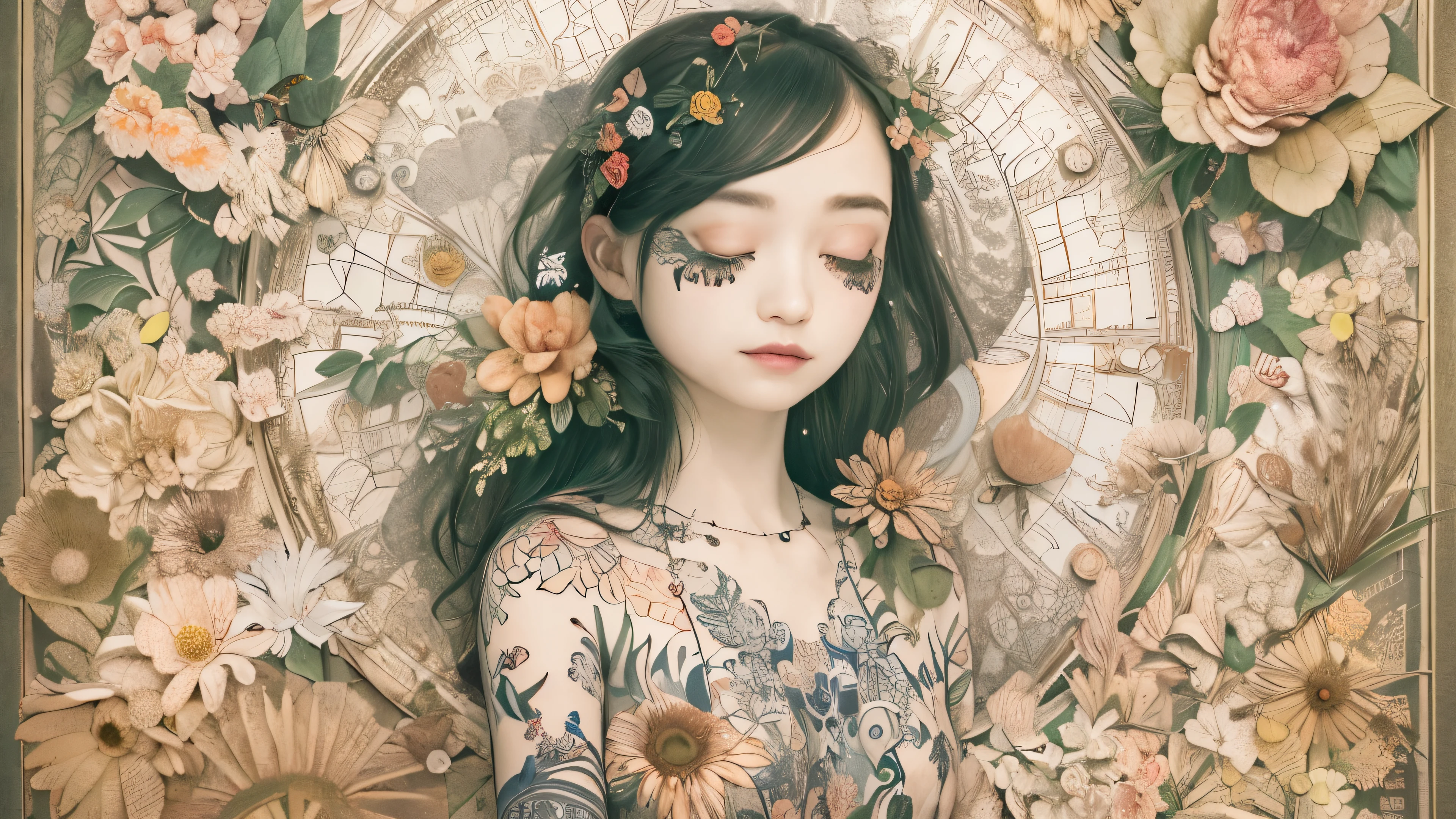 ((((masterpiece))), tattoo、Highest quality, An illustration, Beautiful details shine,
paper_cut, The details of a fragile girl&#39;s face captured on camera, wood, moon, butterfly,Wind、star、spider、Ladybug、centipede