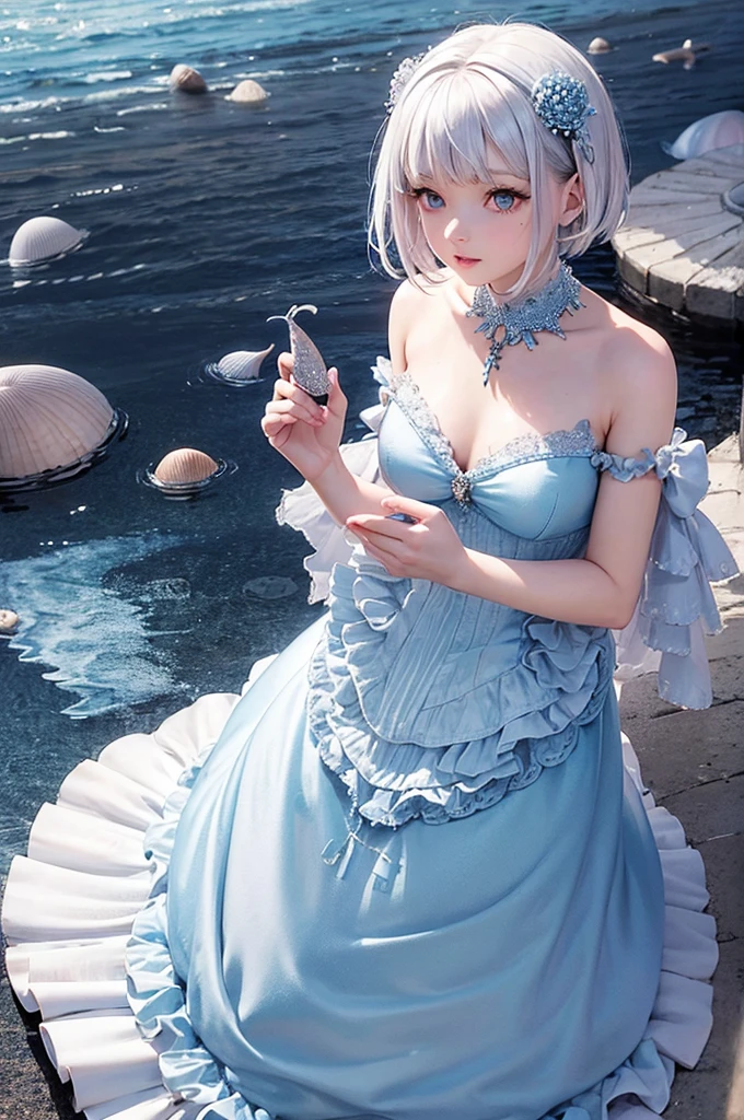 Silver Hair　Short Hair　Blue Eyes　Seashell hair ornament　Cool look　Light blue mermaid frilly dress　Clear blue sea　Light of the sun 　Seashell piercing　Pink shells