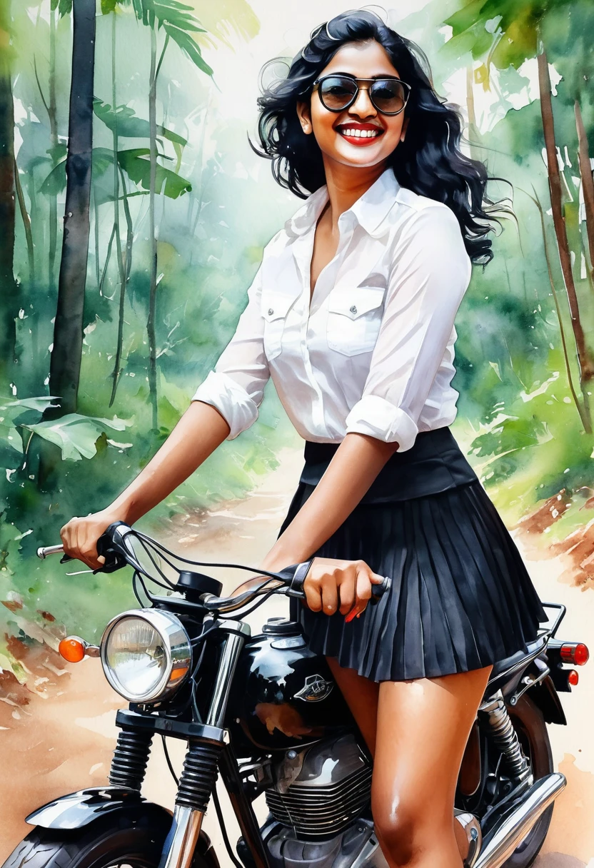 A captivating watercolor art of a 35-year-old mallu woman exudes sensuality and charm happy smile, Her black hair frames her face, wearing an aviator sunglasses, and she wears a fitted white shirt and a pleated short black skirt., her sensual thighs adding a touch of sensuality . riding a bullet motorcycle through woods, . The cinematic atmosphere envelops the scene, as if she is the protagonist of an engaging movie poster or painting. The illustration captures the essence of an alluring and enchanting character.