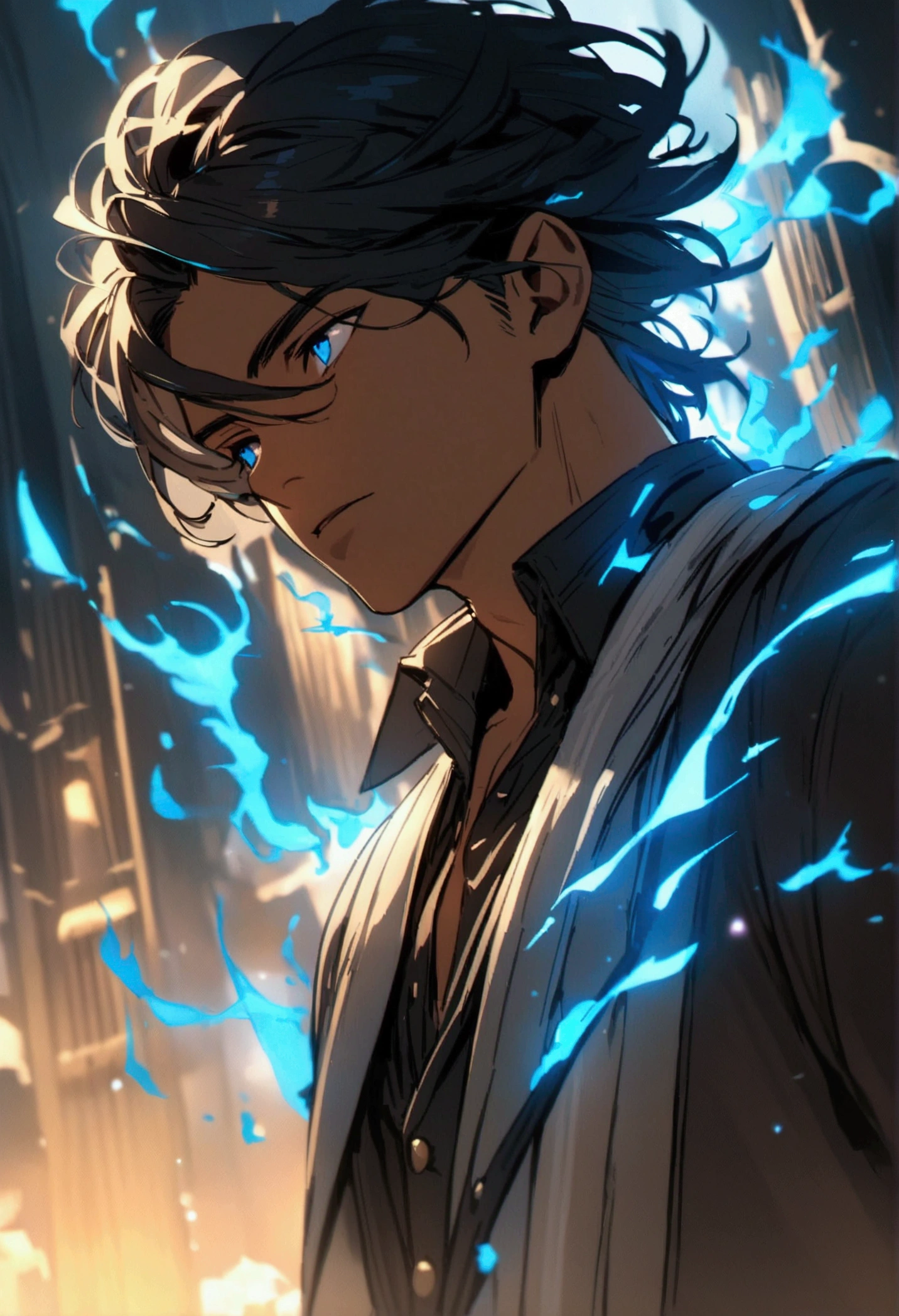Handsome young man with black hair, brown skin color, with blue electrical energy around him emanating from his body, 4K, HD, Dressed in clothes