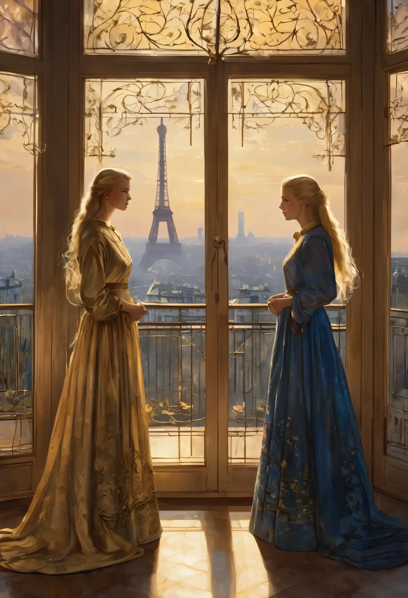 In the golden hues of the setting sun, two sisters, Elara and Selene, stood together, their expressions serene and contemplative. Elara, the elder by two years, had always been the more outgoing of the two, her confident demeanor complemented by her striking blonde hair. Selene, with her darker locks and quieter disposition, was the artist of the family, often finding solace in her paintings and sketches. The sisters were often mistaken for twins, their features so remarkably similar, yet their personalities so distinct. They were standing in their grandmother's penthouse, a sprawling apartment filled with antiques and memories from a bygone era. The room they were in had been their grandmother’s favorite, a sunroom that overlooked the cityscape of Paris. The two vases on the table, intricately designed and well-kept, were family heirlooms passed down through generations. As they stood by the window, the necklaces around their necks, each with a blue sapphire pendant, glistened in the fading sunlight.