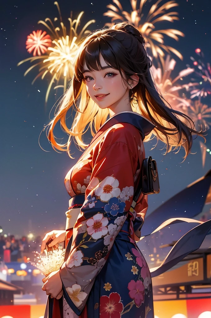 A beautiful smiling woman in a kimono with a large number of fireworks exploding in the night sky at a summer festival in the background