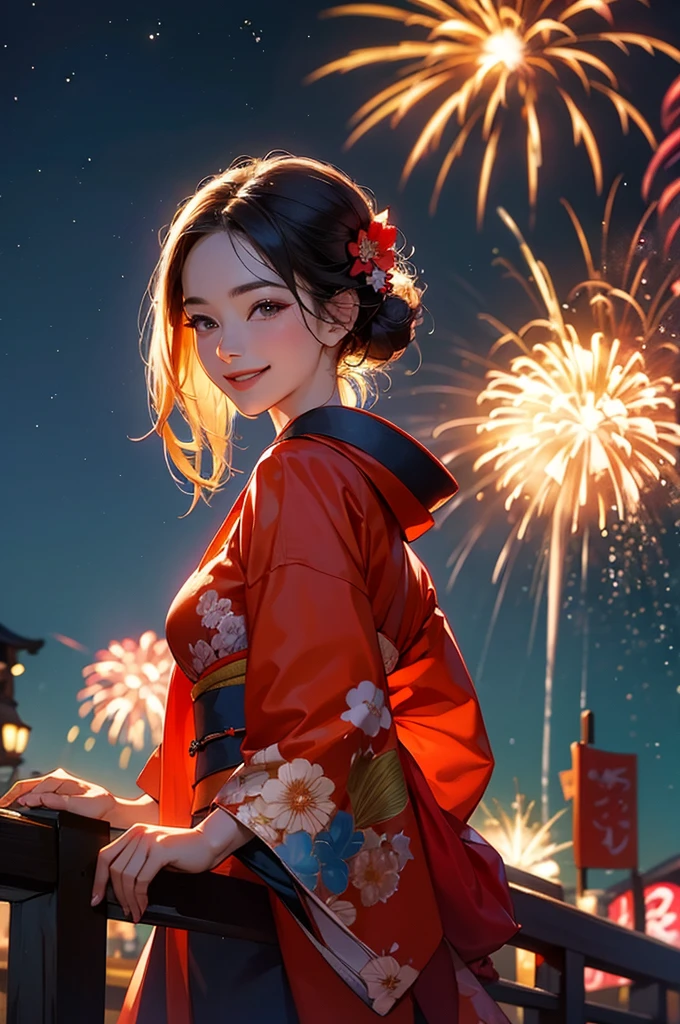 A beautiful smiling woman in a kimono with a large number of fireworks exploding in the night sky at a summer festival in the background