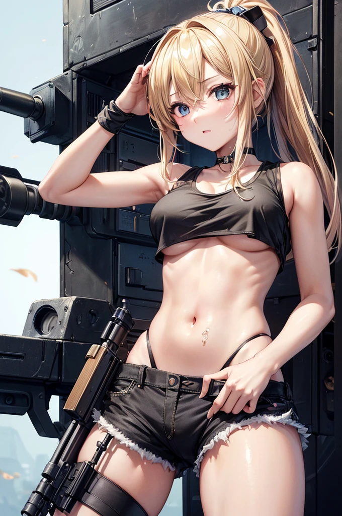 ((Finest quality)),(超A high resolution),(ultra-detailliert),sharpnes,Clair,Art with astounding depictions,(full body seen),perspiring,dirty body:1.2, (1 Female Combat,flaxen ponytail),Camouflage pattern tank top,