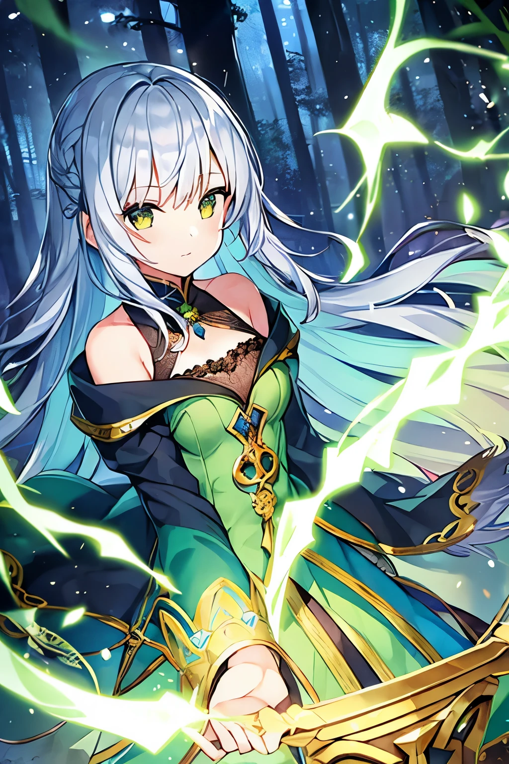 1 girl、Silver Hair、Shortcuts、Fantasy、witch、Green clothes、Yellow decoration、accessories、Villain、(Magical Items)、whole body、in the forest