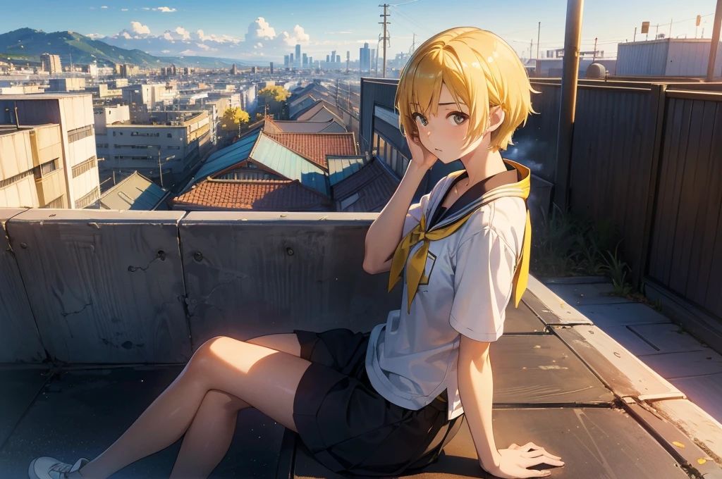 (Masterpiece,Best quality,Ultra high resolution: 1.1),Best Anime Wallpaper Winner,by Makoto Shinkai,realistic,highres,A female student sitting on the rooftop overlooking the city,Side face,(Yellow short hair),Student clothing,Japanese JK,female focus,urban,Side shooting,super side angle,super details,afternoon,