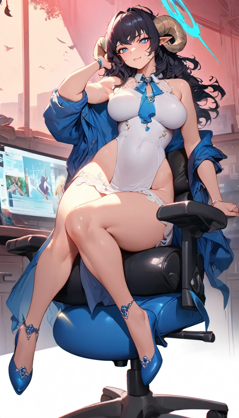 anime - style image of a woman in a skirt and stockings sitting in a chair, seductive anime girl, smooth anime cg art, a hyperrealistic school teacher, hyperrealistic office lady, fine details. on a desk, from Azur Lane, beautiful anime girl sitting, white shirt, black skirt, black stockings, black pantyhose, black shoes, chair, black necklace, choker, blonde hair, straight hair, long hair, big breasts, cleavage, thick thighs, perfect feet, perfect toes, perfect hands, perfect fingers, azur lane style; looking at viewer; seductive anime girl; seductive look; sexy pose; full body; (full body shot:1.1); beautiful detailed eyes; beautiful detailed girl; curvy:1.1; dynamic pose; fashion clothing with diverse colors; perfect eyes; perfect face; perfect retina; perfect hands; perfect fingers; perfect feet; perfect toes; ultra detail face; ultra detail hair; very detailed eyes and face; ambient occlusion; cinematic lighting; field of view; fluid motion; harmony; interconnected elements; movie lighting; photorealistic lighting; realistic shadows; (vibrant colors:1.05); vivid lighting; warm and cool color palette; (nsfw) Not Safe For Work; amazing; solo; trending on artstation pixiv; 8k wallpaper; best quality; CG; detailed painting; fine detail; (High Quality:1.4); high resolution; huge file size; illustration; Intricate Details; masterpiece; (photorealistic:1.4); professional artwork; (raw photo:1.2); reflective art; sharp focus; super detailed; unified; very detailed; extremely detailed artgerm; 
implacable_azurlane, long_hair, blonde_hair, bangs, breasts, hair_between_eyes, large_breasts, red_eyes, blush, horns, cleavage, (masterpiece, best quality:1.2), illustration, 8k, hd, city, 1girl, solo, cowboy shot, long_hair, blonde_hair, bangs, hair_between_eyes, large_breasts, red_eyes, blush, horns, cleavage, light smile,