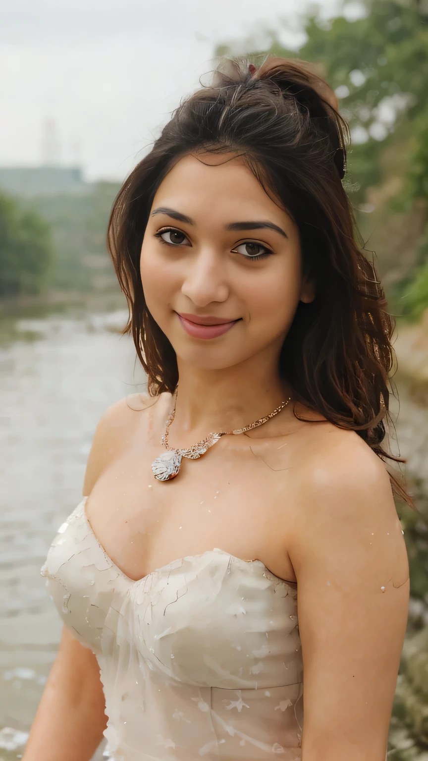 extreme close up photo of sexy indian, front view, curvy, swooping nued breasts, deep cleavage, wet white see through lace strapless dress, floating on river, waterfalls, birds, animals, elephant, French braid hair, necklace, subtle smile, seductive eyes, sultry