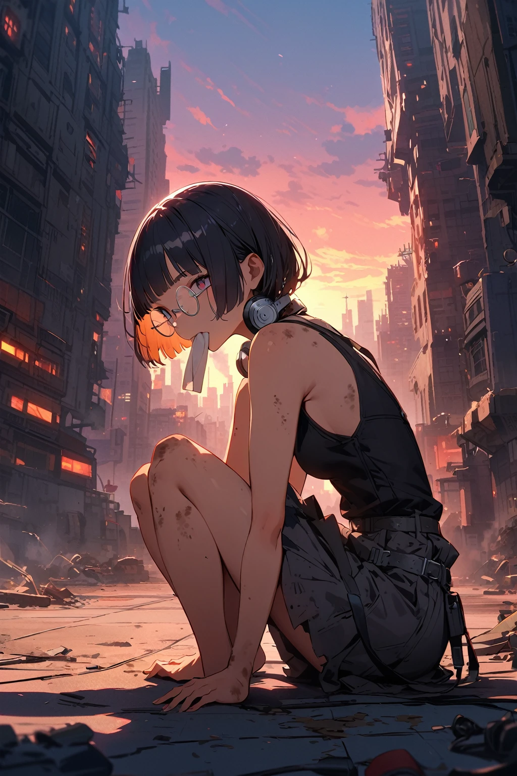 (extremely detailed fine touch:1.3), (((silver semi-rimless round eyewear:1.3))), (wear silver headphones around neck:0.8), short hair, blunt bangs, glowing cool 1girl, 2.5d face, side shot, Sitting on the floor holding your knees, cigarette in one's mouth, smoke breath, black tanktop, bare arms, dirty skin, sunset, extremely detailed zentang dieselpunk, ruined skyscrapers