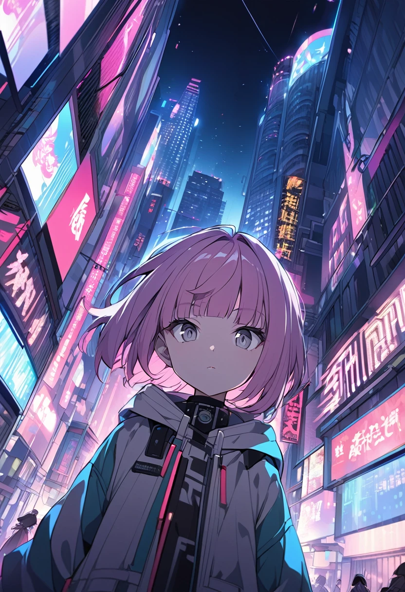 Anime Style, Upper Body,18-year-old,Dynamic Angle,bangs,Grey Eyes, short, Chinaの緑の衣装, Pink Hair,  Grey Eyes,Wide-angle shot,Downtown at night,cyber-,,China