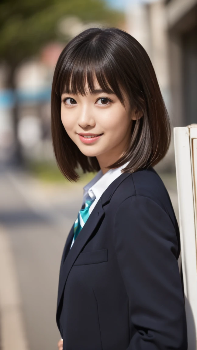 masterpiece)、(Highest quality:1.5)、(Photorealistic:1.2)、(Surreal), (High resolution), (Realistic), (Post-processing),(Sharp focus), Sharp focus:1.2,Backlight, (Improvement of quality:1.4), (Narrow waist)、((Perfectly detailed five-fingered hands)),(Anatomically correct body)、((1 female:1.4))、Japanese、Realistic Skin、(Small chest:1.4)、Bust size is A cup、A pretty woman with a slender figure:1.4,(from the front:1.5), (Enhances the beauty of skin texture:1.1),No makeup、美しいBlack Hair、smile、Natural color lip、(Small Mouth:1.4)、The mouth is not open、Thick lips、(Oval Face)、Even bangs、Hide eyebrows with bangs、((33-year-old woman))、Bob Hair、Hair blowing in the wind, (Black Hair, Iris, Watery eyes, Shining Eyes, Bob cut hair,), Hair behind the ear、No makeup、(Drooping eyes)、(((One lovely woman)),((優しい大きなsmile)),(( Small breasts,Small breastsの谷間)),((((Plump Cheeks)))),very cute,(),Raccoon face,1 girl, (Please wear your high school blazer uniform:1.2),