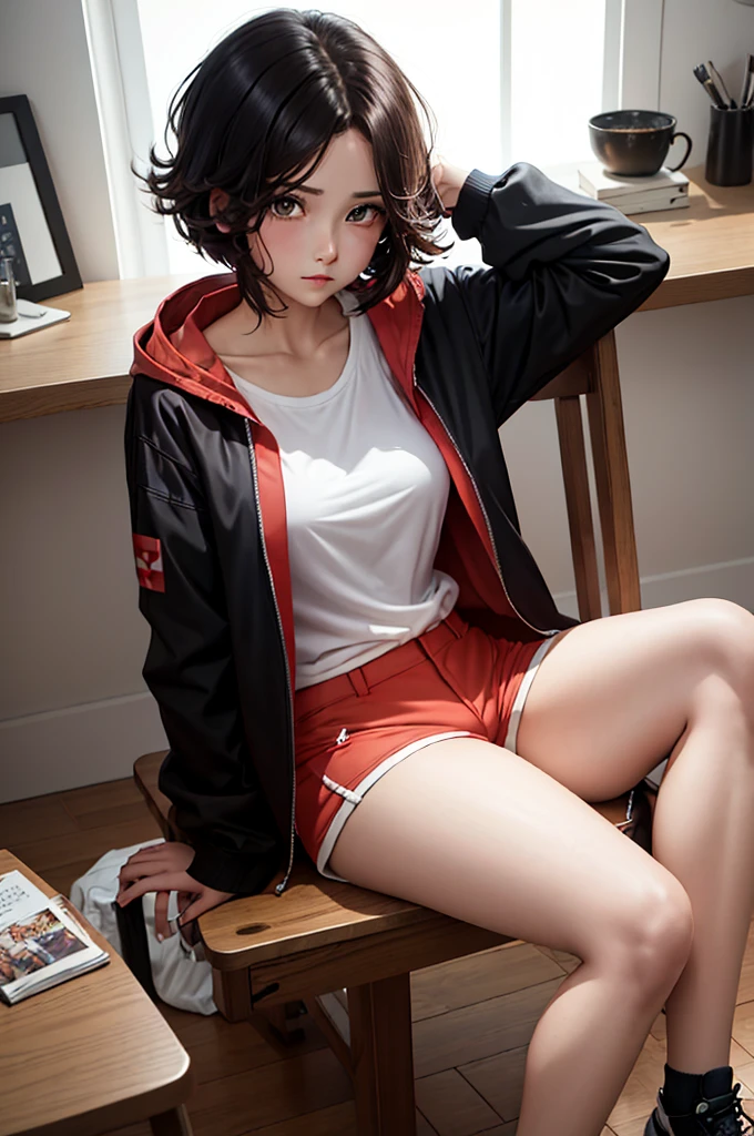 a woman in anime styled outfit sitting on a chair chair with legs out and legs crossed, 1girl, solo, shorts, jacket, sitting, red shorts, black hair, shirt, looking at viewer, short hair, indoors, white shirt, wooden floor, open clothes, open jacket