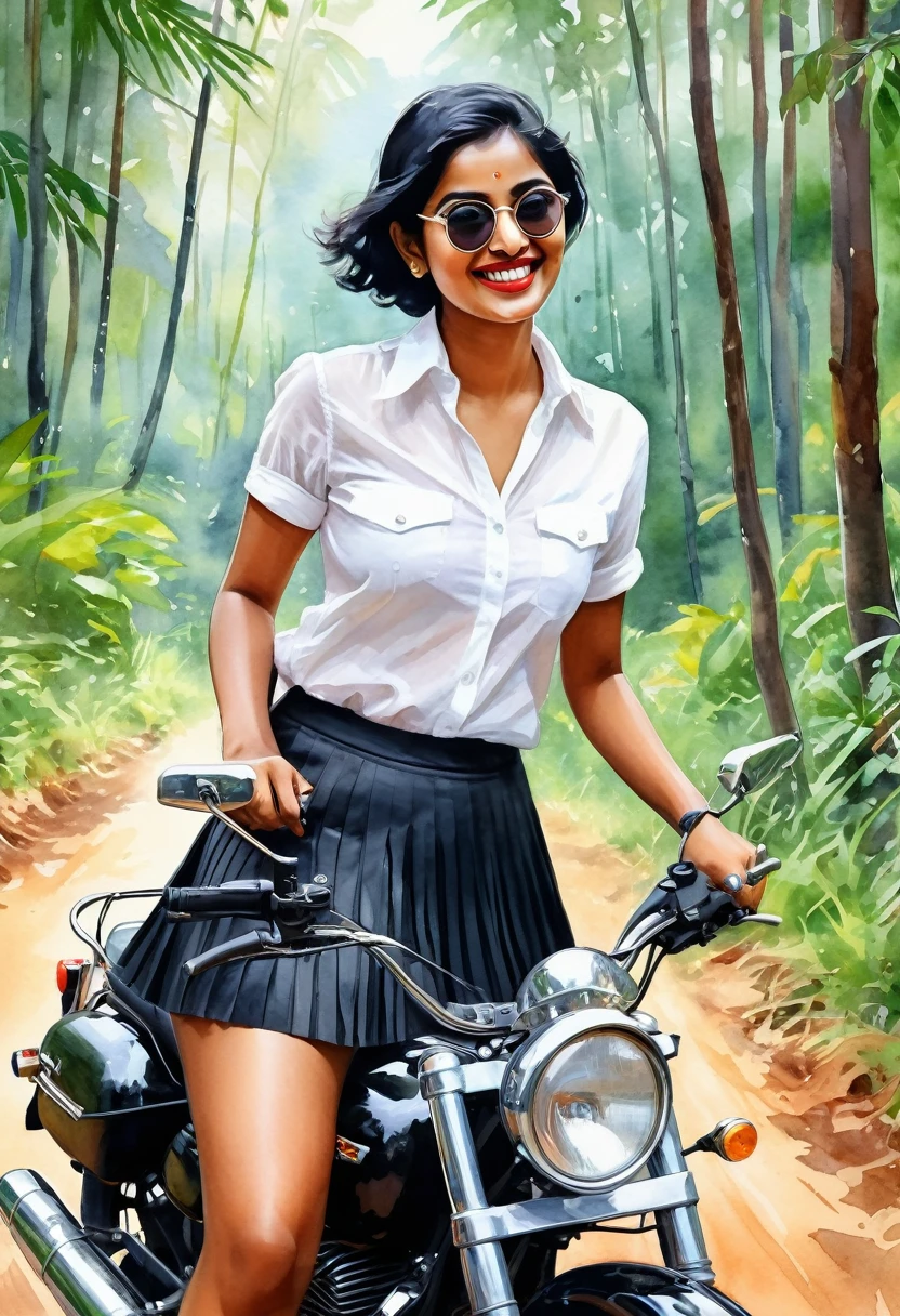 A captivating watercolor art of a 35-year-old mallu woman exudes sensuality and charm happy smile, Her black short hair frames her face, wearing an aviator specs, and she wears a fitted white shirt and a pleated short black skirt., her sensual thighs adding a touch of sensuality . riding a bullet motorcycle through woods, . The cinematic atmosphere envelops the scene, as if she is the protagonist of an engaging movie poster or painting. The illustration captures the essence of an alluring and enchanting character.