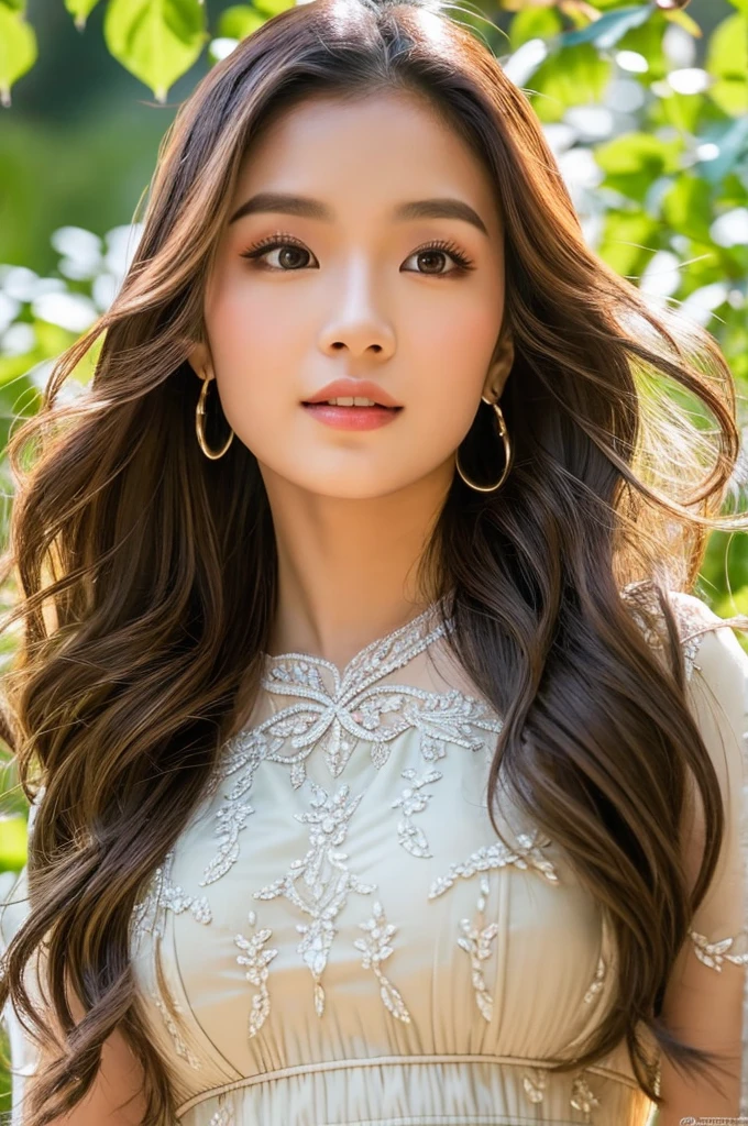 a beautiful detailed asian girl, 2 asian girls, one girl with long wavy hair in thai dress, one girl resembling piper perri in thai dress, detailed high quality, ultra realistic, 8k, hyperdetailed, photorealistic, warm lighting, glowing skin, intricate details, vivid colors, delicate facial features, beautiful eyes, nose, lips, detailed hair strands, elegant poses, natural setting, lush greenery, flowers, sunlight, mist, dreamy atmosphere