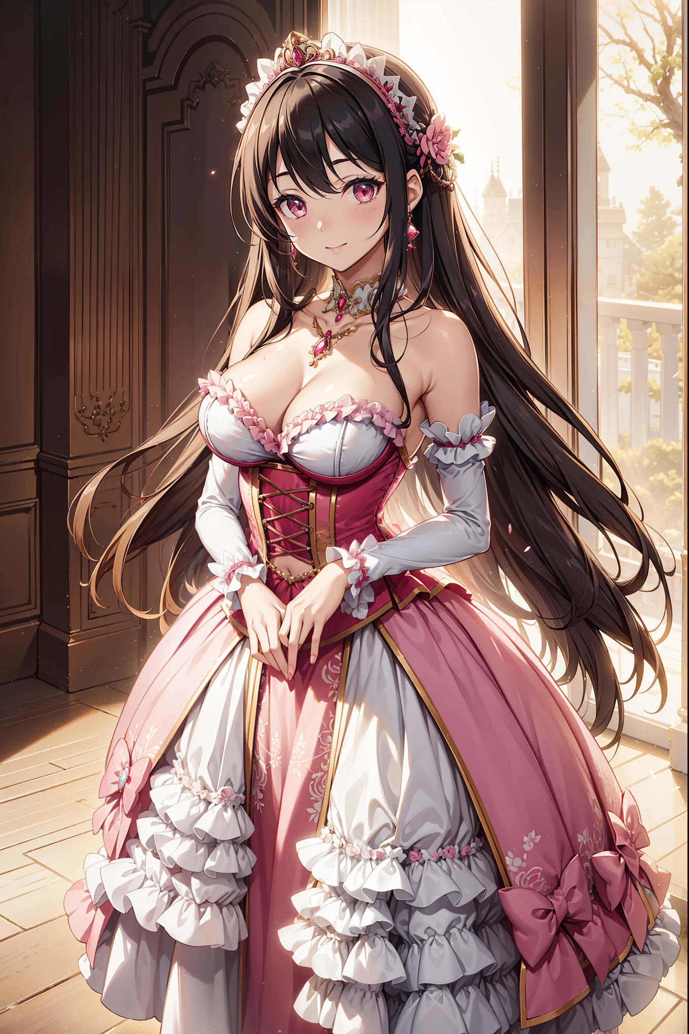 (best quality,4K,8K,high resolution,masterpiece:1.2),Extremely detailed gender change, fantasy, Royal Family, wonderful transformation, Moderate: Anime style, Portrait more details: Soft sunlight shines through the curtains, Bring a warm glow to the room. Pink Eyes, Long curly black hair, Very happy, Joyful expression, Playful and feminine pose, Delicate body, Very girly face, Pink manicured nails, Pink Fluffy Victorian Gown, Pink and white as main colors, 有袖Corset, busy, Physically Based Rendering,Gorgeous dress design,Flowing robe,Delicate lace details,Rich texture,Contrast stitching,Delicate bow,Floral Decoration,Long skirt,Long sleeve,Fit waist,Flared cuffs,Back strap,Luxurious fabrics,Perfect silhouette, petticoat, Knickers, White Elbow Gloves, Corset, Headdress, Gold earrings and necklace, Ribbon, High heel, Lipstick, cosmetic, Blue Eyeshadow, Standing in the castle banquet hall with elegant manners, Shining Magic Aura, masterpiece, Pink and white as main colors, Bokeh, Very detailed, 4K