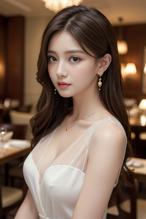 masterpiece, Highest quality, Realistic, Very detailed, Finer details, High resolution, 8k wallpaper, One beautiful woman,Wear an elegant white see-through dress, In a great restaurant, At night, Light brown messy hair, Perfect dynamic composition, Beautiful and beautiful eyes、Big earrings,Sleeveless shirt、