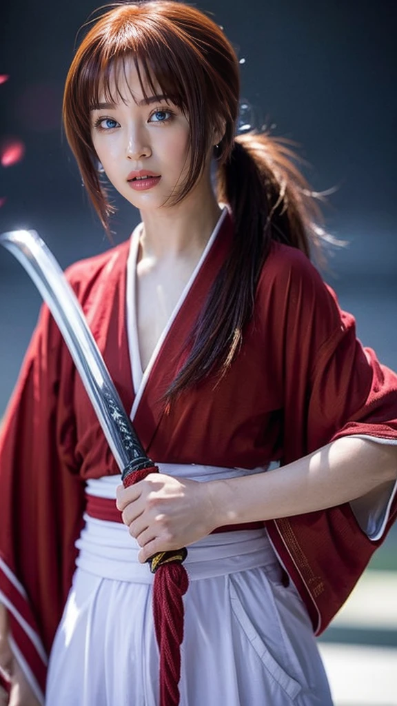 "Rurouni Kenshin",
Moment of enthusiasm, Bold,
Capturing the essence of her fiery determination and indomitable spirit, She explodes in rage, Strongly conveys the raw power of Kenshin's rage, Emphasizing the intensity of the scene, The woman is in a determined stance,
Action with a straight sword in hand,
Long hair, Ponytail, Red hair, Red eyes, Bright red lipstick,
Katana, Holding a sword in hand,
Cross sign on left cheek,
High quality, Realistic,
20-year-old woman,
She wears a red kimono with an intricate pattern, Combined with a white hakama,
The lighting is realistic, (Masterpiece+Top quality+High resolution+Very detailed), (Full body:1.2),Symmetrical, One cut,