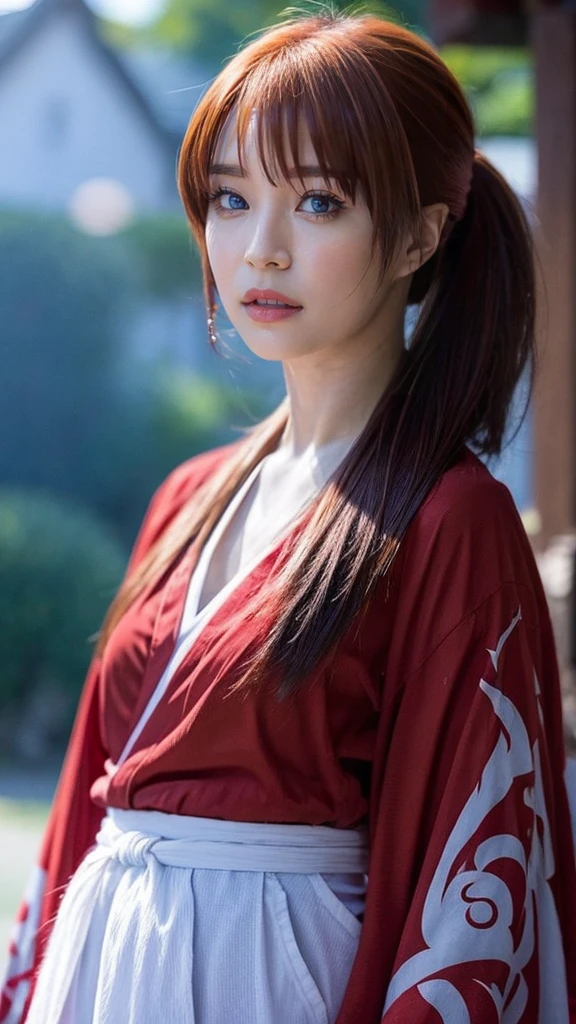 "Rurouni Kenshin",
Moment of enthusiasm, Bold,
Capturing the essence of her fiery determination and indomitable spirit, She explodes in rage, Strongly conveys the raw power of Kenshin's rage, Emphasizing the intensity of the scene, The woman is in a determined stance,
Action with a straight sword in hand,
Long hair, Ponytail, Red hair, Red eyes, Bright red lipstick,
Katana, Holding a sword in hand,
Cross sign on left cheek,
High quality, Realistic,
20-year-old woman,
She wears a red kimono with an intricate pattern, Combined with a white hakama,
The lighting is realistic, (Masterpiece+Top quality+High resolution+Very detailed), (Full body:1.2),Symmetrical, One cut,