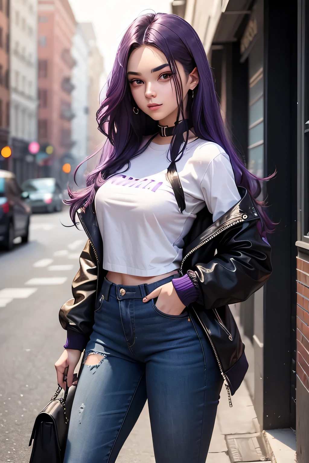 An girl who looks mischievous and loves fashion. She has long, very dark purple hair.. She wears fashionable pants. She looks rich.