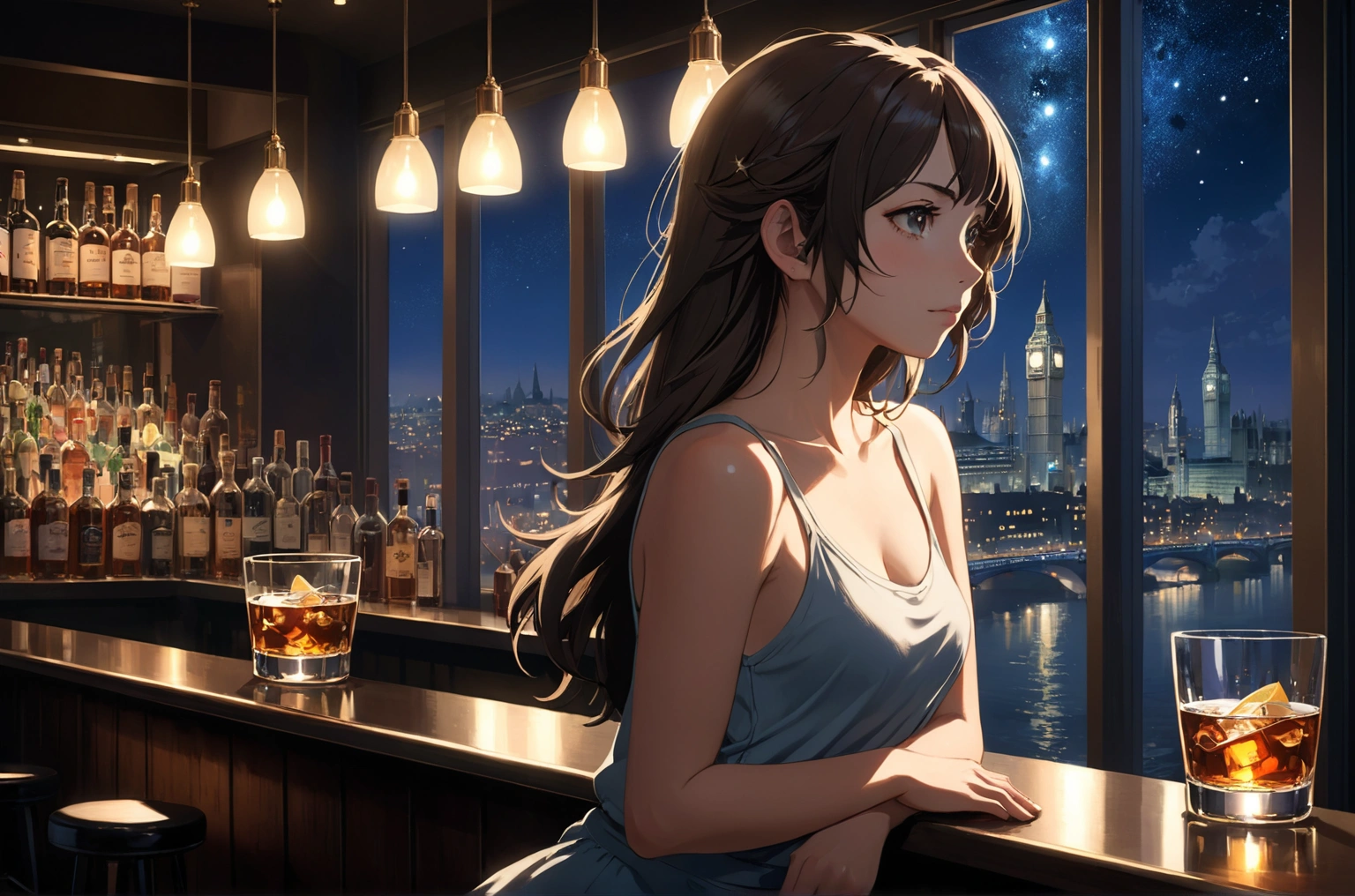 Uses Makoto Shinkai&#39;s depiction perfectly,Portrait of Halie Loren,8k 4k masterpiece photo ,London,A jazz bar with a glass ceiling,The twinkling stars can be seen through the glass windows.,It&#39;s a dark night outside,Jazz is playing,True profile、Semi-long hair,Look in a different direction,Standing alone at the counter,A small glass of whiskey and water is in front of the protagonist.、A tight fitting tank top in a different color,Bust is larger,