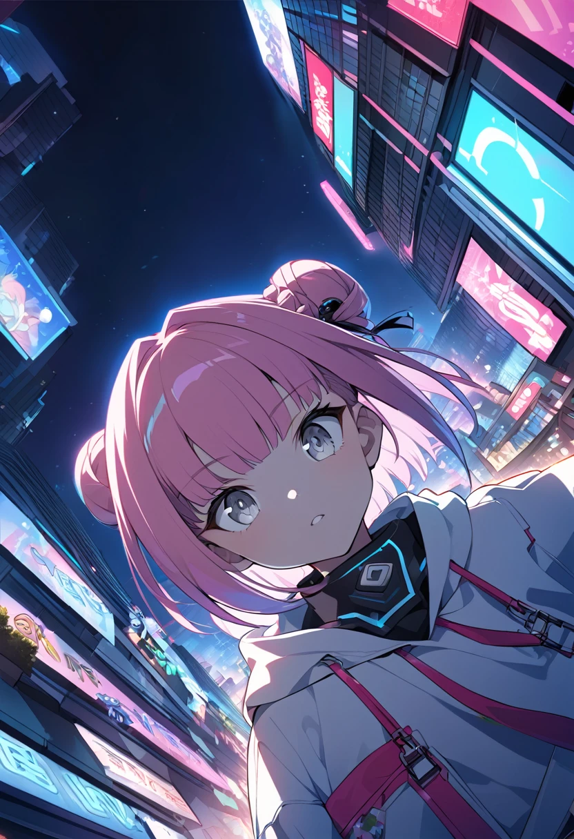 Anime Style, Upper Body,18-year-old,Dynamic Angle,bangs,Grey Eyes, short, Chinaの緑の衣装, Pink Hair, Grey Eyes,Wide-angle shot,Downtown at night,cyber-,bun hair,China