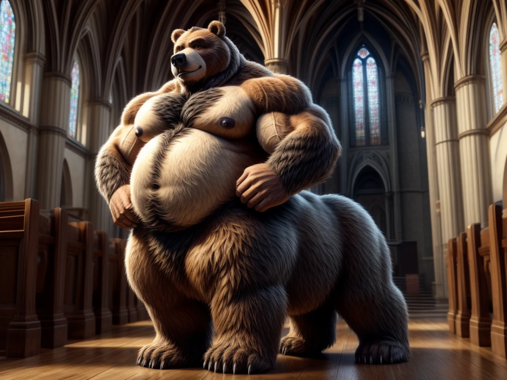 furry, fur taur, beartaur, middle-age, solo,1man, detailed face, bear ears, bear eyes(brown), bear nose(black), bear mouth, beard(grey), mature hair(grey), detailed arms, thick arms, muscular, thick hands(5 fingers), detailed body belly, thick body, muscle belly(white), thick chest, chest hair(white), nipples, detailed taur body, thick taur body, thick bear paws, thick bear tail, full body shot, standing in the church