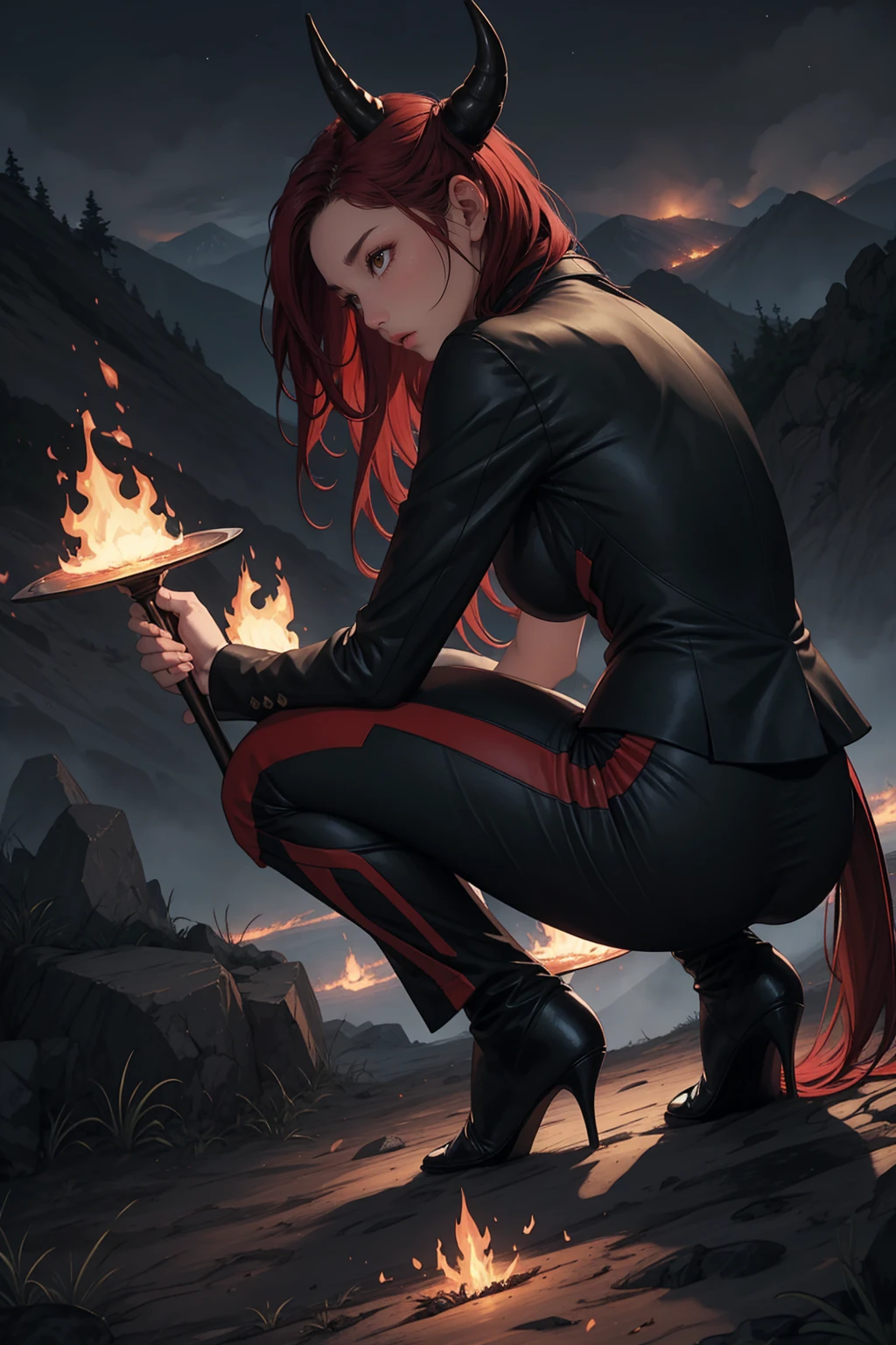 1girl, long bright red hair, long ear, black horn on head, large breast, black and red suit, pair of large black wing on the back, got tail, pale skin, piss off, fullbody shot, squat, night foggy mountain, holding double sword made of fire with both hands, front view,