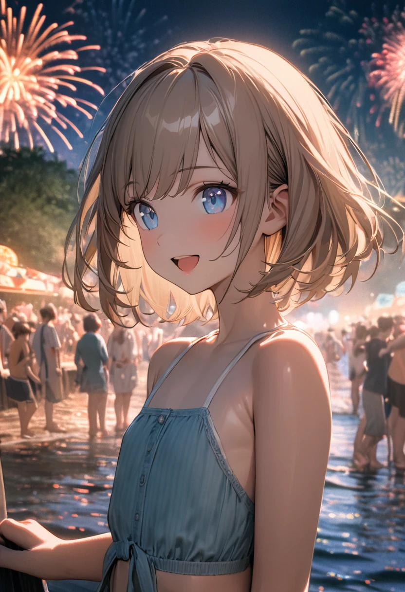 1 girl, 18yo, (flat chest: 1.5), blue eyes, light brown hair, bob cut, summer outfit, smile, open mouth, standing, upper body, (various pose:1.5), Fireworks festival, riverbank, crowd, 8k, RAW photo, best quality, masterpiece, extremely detailed 8k wallpaper, ultra-detailed, best shadow, detailed background, beautiful detailed face, beautiful detailed eyes, nice hands, perfect hands