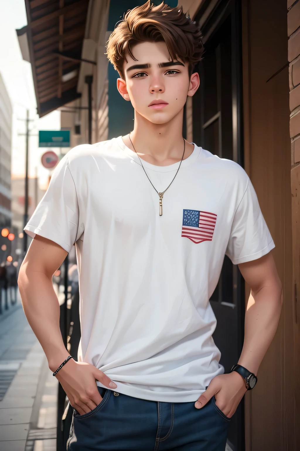 An 18 year old boy who is very sporty who has brown hair and is American. He is kind and very popular. He has a casual style.