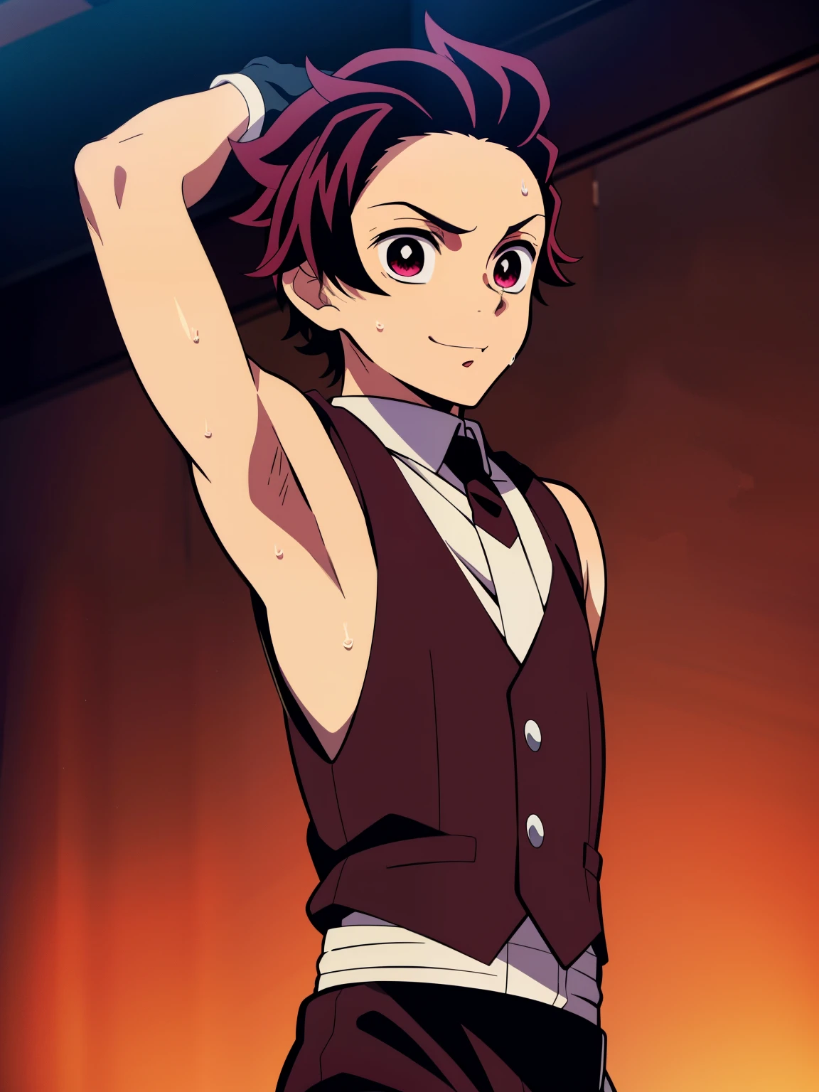 Highres, Masterpiece, Best quality at best,Best Quality,hight quality, hight detailed, Anime style, 1boy, Boy, Shota, Solo person, Tanjiro_kamado, Demon slayer, Sleeveless vest, Tie, Gloves, Choker, Casino, Waiter, night day, Slim body, smile, sweat, Body, Simple beckground, Seen from the front, (Showing armpit:1.3), ( boy), (Very small and short body)
