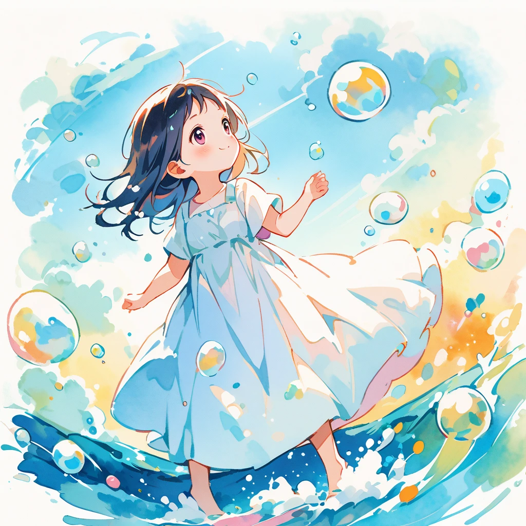 A watercolor painting of a young girl surrounded by a huge amount of soap bubbles. White dress. Full body. Profile. Smiling, looking up at the sky. Blue sea and blue sky in the background. A cute picture like a picture book.