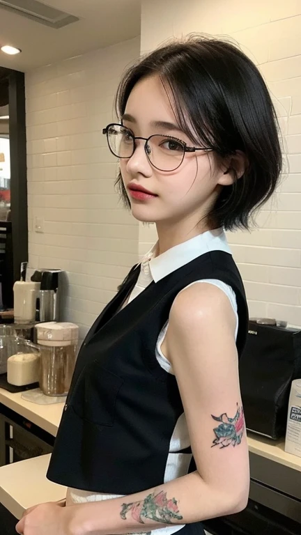 ((best quality, 8K, masterpiece :1.3)),   Clear focus :1.2,   ((Cute face)),  (((Cute girl 15 years old))).   ((Detailed tattooed skin)),   beauty:1.3,   Slim abdominal muscles :1.1,   Ultra-fine face,   Highly detailed lips,   Makeup face. Lipstick.    (((Black short hair))).   ((wear glasses))

((Black pants)),  ((Vest)),    Long legs,    Standing.    look back.     Small thigh circumference.    Visible from behind.    Shot from the back.    back details.    In the coffee shop