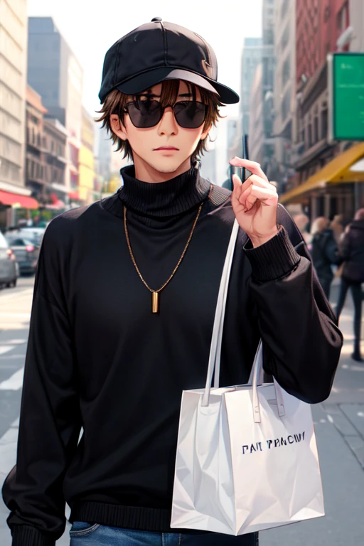 a man was wearing a black sweater and a hat and he was wearing sunglasses