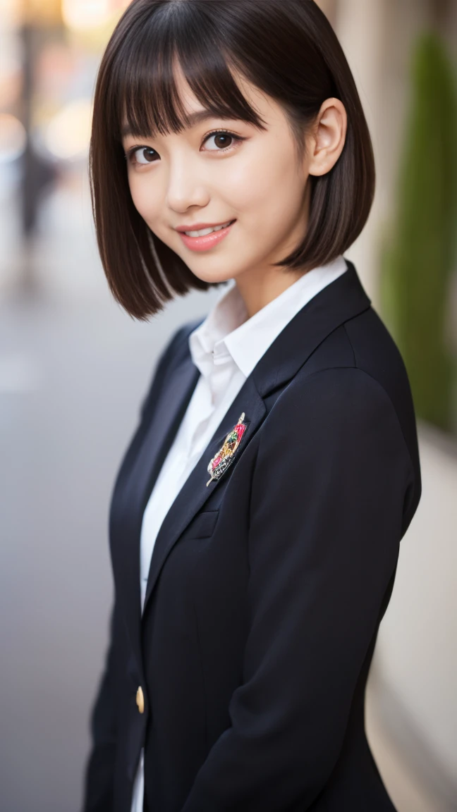 masterpiece)、(Highest quality:1.5)、(Photorealistic:1.2)、(Surreal), (High resolution), (Realistic), (Post-processing),(Sharp focus), Sharp focus:1.2,Backlight, (Improvement of quality:1.4), (Narrow waist)、((Perfectly detailed five-fingered hands)),(Anatomically correct body)、((1 female:1.4))、Japanese、Realistic Skin、(Small chest:1.4)、Bust size is A cup、A pretty woman with a slender figure:1.4,(from the front:1.5), (Enhances the beauty of skin texture:1.1),No makeup、美しいBlack Hair、smile、Natural color lip、(Small Mouth:1.4)、The mouth is not open、Thick lips、(Oval Face)、Even bangs、Hide eyebrows with bangs、((33-year-old woman))、Bob Hair、Hair blowing in the wind, (Black Hair, Iris, Watery eyes, Shining Eyes, Bob cut hair,), Hair behind the ear、No makeup、(Drooping eyes)、(((One lovely woman)),((優しい大きなsmile)),(( Small breasts,Small breastsの谷間)),((((Plump Cheeks)))),very cute,(),Raccoon face,1 girl, (Please wear your high school blazer uniform:1.2),