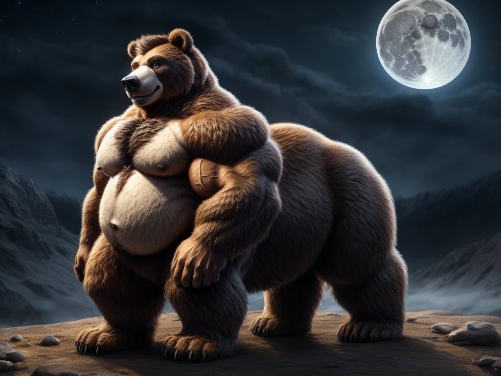 furry, fur taur, beartaur, middle-age, solo,1man, detailed face, bear ears, bear eyes(brown), bear nose(black), bear mouth, beard(grey), mature hair(grey), detailed arms, thick arms, muscular, thick hands(5 fingers), detailed body belly, thick body, muscle belly(white), thick chest, chest hair(white), nipples, detailed taur body, thick taur body, thick bear paws, thick bear tail, full body shot, standing on the moon