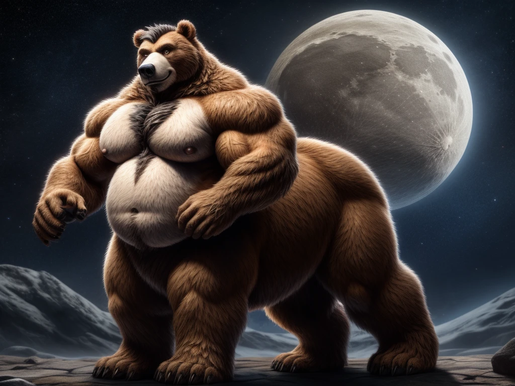 furry, fur taur, beartaur, middle-age, solo,1man, detailed face, bear ears, bear eyes(brown), bear nose(black), bear mouth, beard(grey), mature hair(grey), detailed arms, thick arms, muscular, thick hands(5 fingers), detailed body belly, thick body, muscle belly(white), thick chest, chest hair(white), nipples, detailed taur body, thick taur body, thick bear paws, thick bear tail, full body shot, standing on the moon