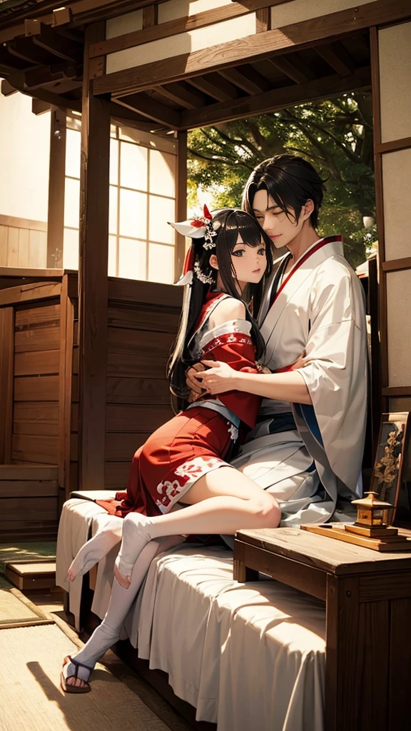 Highest quality、8K quality、Man sitting on sofa、((Shrine maiden straddling a man:1.2))、(A man hugs a woman's breast)、Man lays hands on woman、thin、Small face、( beautiful girl:1.3)、(Perfect Anatomy)、(Detailed eyes and face:1.2)、((sexual behavior:1.2))、(Correct hands and feet)、(Detailed arms and legs:1.2)