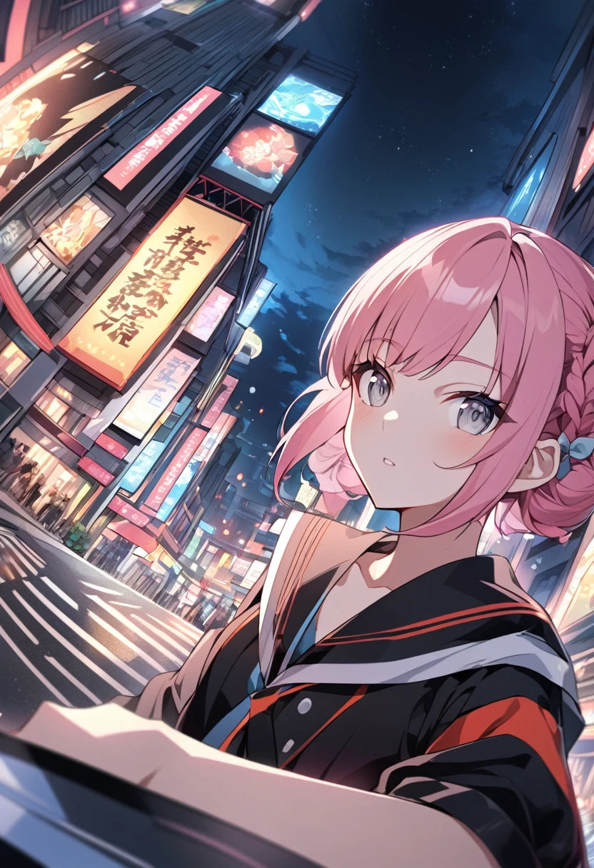 Anime Style, Upper Body,18-year-old,Dynamic Angle,bangs,Grey Eyes, short, Chinaの緑のチャイナ服, Pink Hair,  Grey Eyes,fish eye,Downtown at night,bun hair,China
