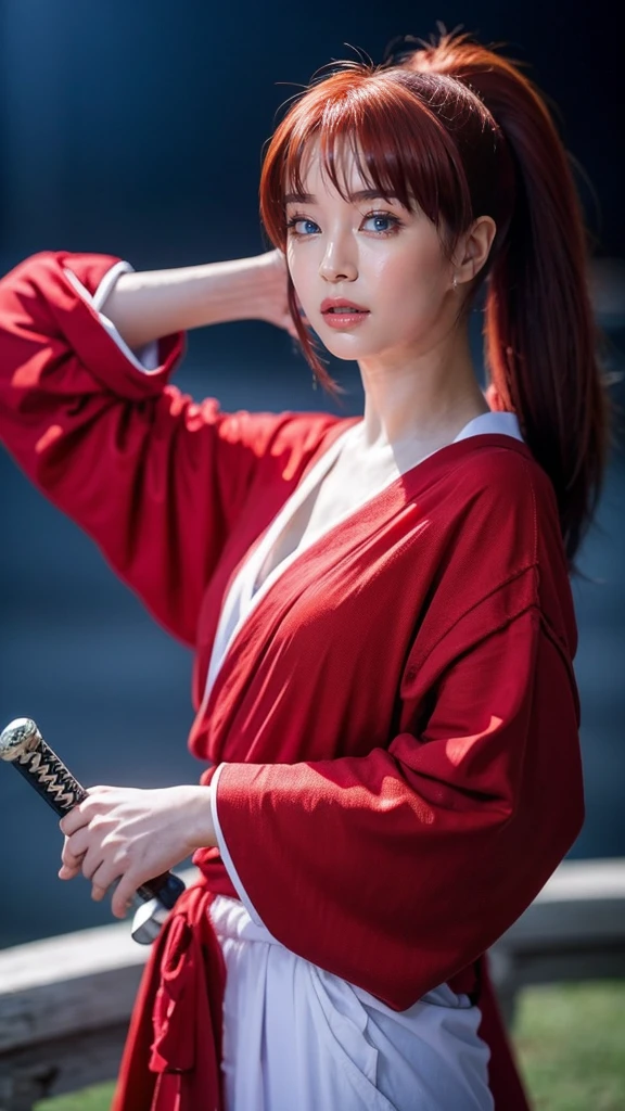 "Rurouni Kenshin",
Moment of enthusiasm, Bold,
Capturing the essence of her fiery determination and indomitable spirit, She explodes in rage, Strongly conveys the raw power of Kenshin's rage, Emphasizing the intensity of the scene, The woman is in a determined stance,
Action with a straight sword in hand,
Long hair, Ponytail, Red hair, Red eyes, Bright red lipstick,
Katana, Holding a sword in hand,
Cross sign on left cheek,
High quality, Realistic,
20-year-old woman,
She wears a red kimono with an intricate pattern, Combined with a white hakama,
The lighting is realistic, (Masterpiece+Top quality+High resolution+Very detailed), (Full body:1.2),Symmetrical, One cut,