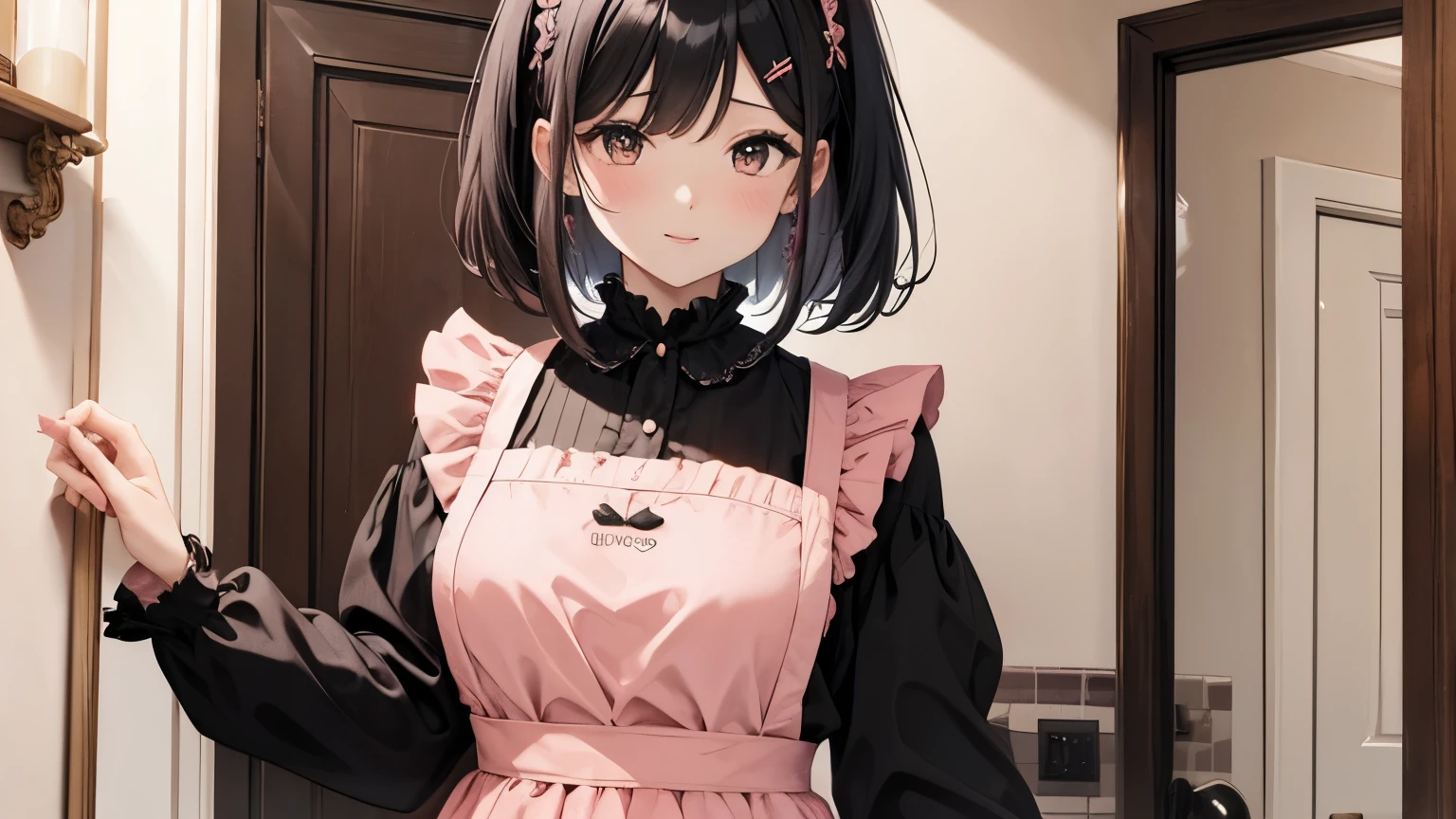 A beautiful woman wearing a pink apron dress with lots of frills and lace Long sleeve Black medium bob hair with hair ornament Upper Body lipstick
