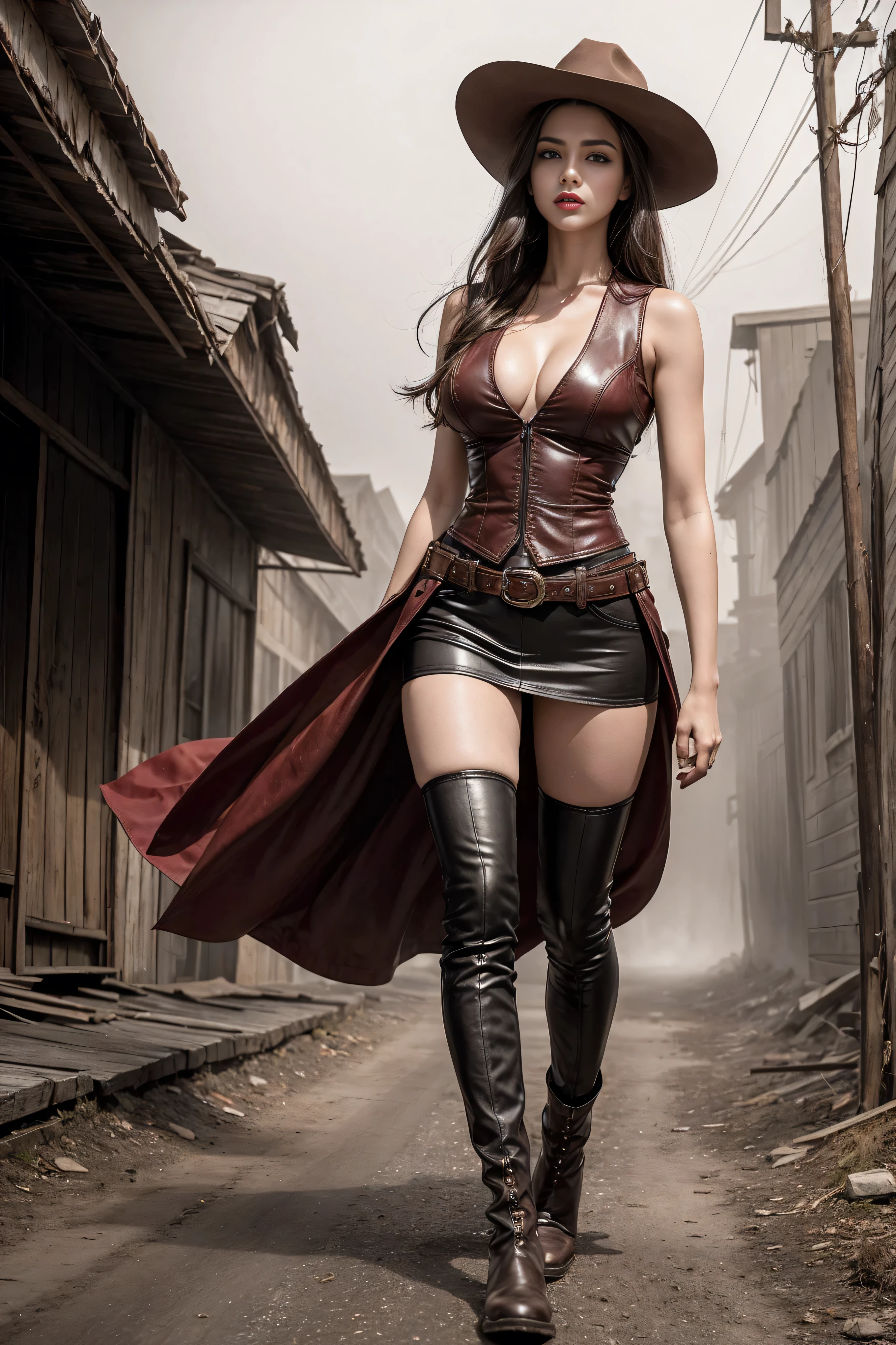 Full body cowboy woman circa 1880s, Brown long straight hair, Brown eyes, High arched eyebrows, Slender and graceful neck, Red lips, Large Breasts, Brown Leather Tights, Sleeveless Brown Leather Vest, Leather Boots, Walking on the dusty sandy streets of a deserted North American town,The wind blew through her hair, Practical, photoPractical, photoPractical, fear, Dark gloomy atmosphere and dramatic lighting, dark red, Foggy environment, Detailed facial expressions, Terrible fog