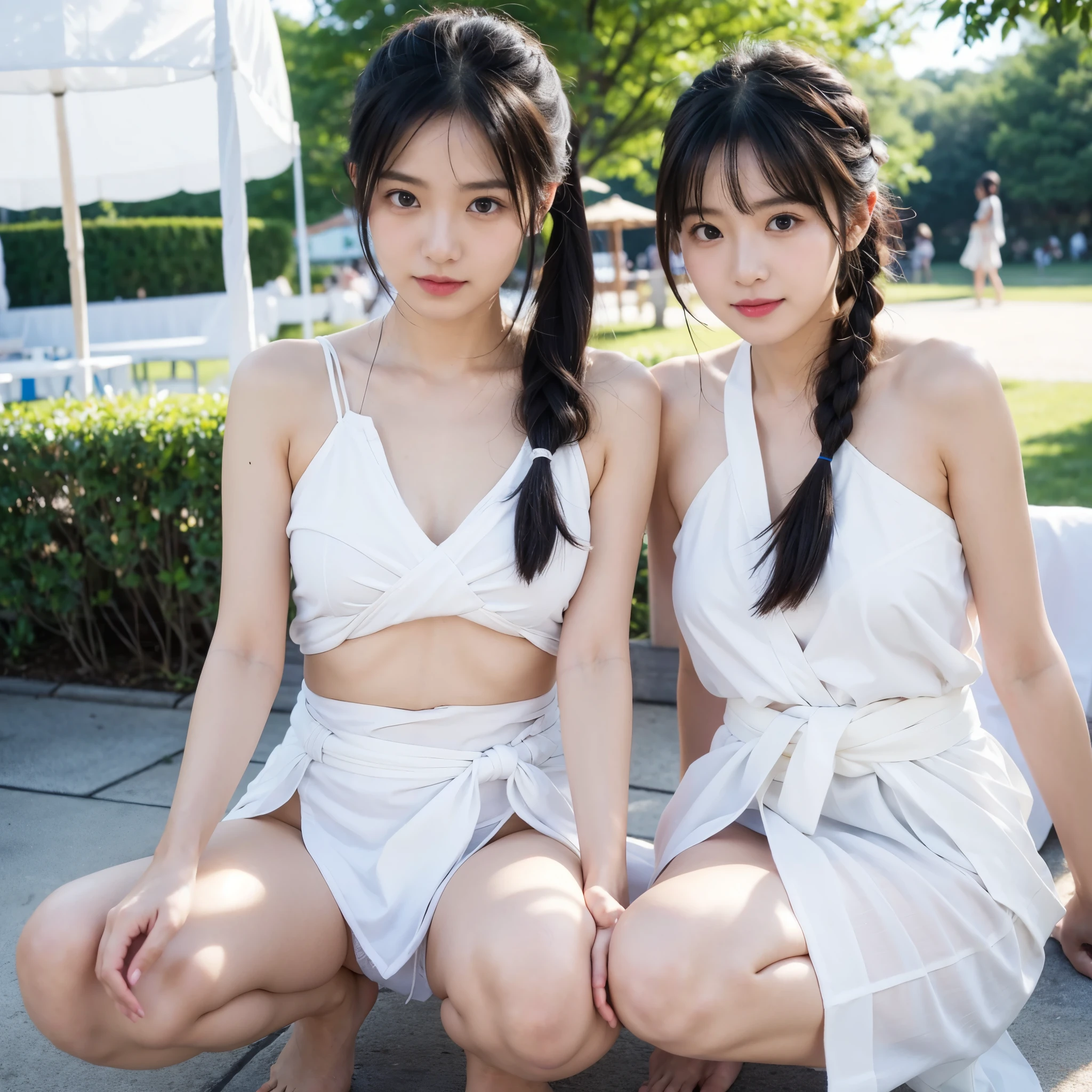 日本people、１people、The most beautiful woman、、smile、Shyness、clear、Shiny black hair、Standing with your legs apart like a model、Outstanding style、Very young、Pigtails、goddess、light makeup、Elegant face、(((Wearing a white Etchu loincloth)))、((Light clothing:0.5))、(She is hiding her breasts by wrapping a cloth around her chest.)、Arms crossed、Summer festival、Religious Ceremony、sacred、Food stallany spectators、Voyeurism、32K、 Raw photo、Highest quality