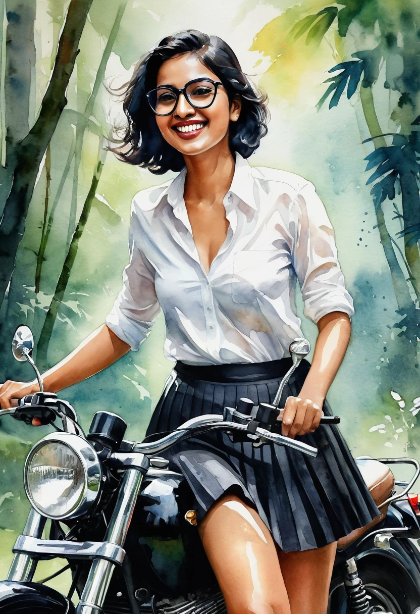 A captivating   watercolor art of a 35-year-old mallu woman exudes sensuality and charm happy smile,  Her  black short hair frames her face, wearing an aviator specs, and she wears a fitted white shirt and a pleated short black skirt., her sensual thighs adding a touch of sensuality . riding a bullet motorcycle through woods, . The cinematic atmosphere envelops the scene, as if she is the protagonist of an engaging movie poster or painting. The illustration captures the essence of an alluring and enchanting character.