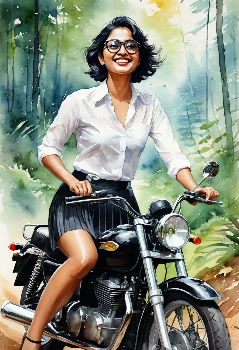 A captivating   watercolor art of a 35-year-old mallu woman exudes sensuality and charm happy smile,  Her  black short hair frames her face, wearing an aviator specs, and she wears a fitted white shirt and a pleated short black skirt., her sensual thighs adding a touch of sensuality . riding a bullet motorcycle through woods, . The cinematic atmosphere envelops the scene, as if she is the protagonist of an engaging movie poster or painting. The illustration captures the essence of an alluring and enchanting character.