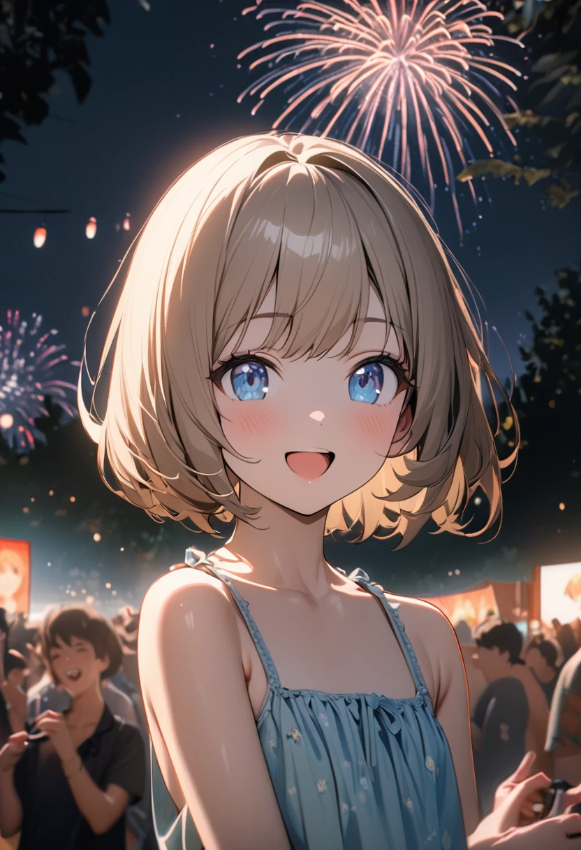 1 girl, 18yo, (flat chest: 1.5), blue eyes, light brown hair, bob cut, summer outfit, smile, open mouth, standing, upper body, (various pose:1.5), Fireworks festival, riverbank, crowd, 8k, RAW photo, best quality, masterpiece, extremely detailed 8k wallpaper, ultra-detailed, best shadow, detailed background, beautiful detailed face, beautiful detailed eyes, nice hands, perfect hands