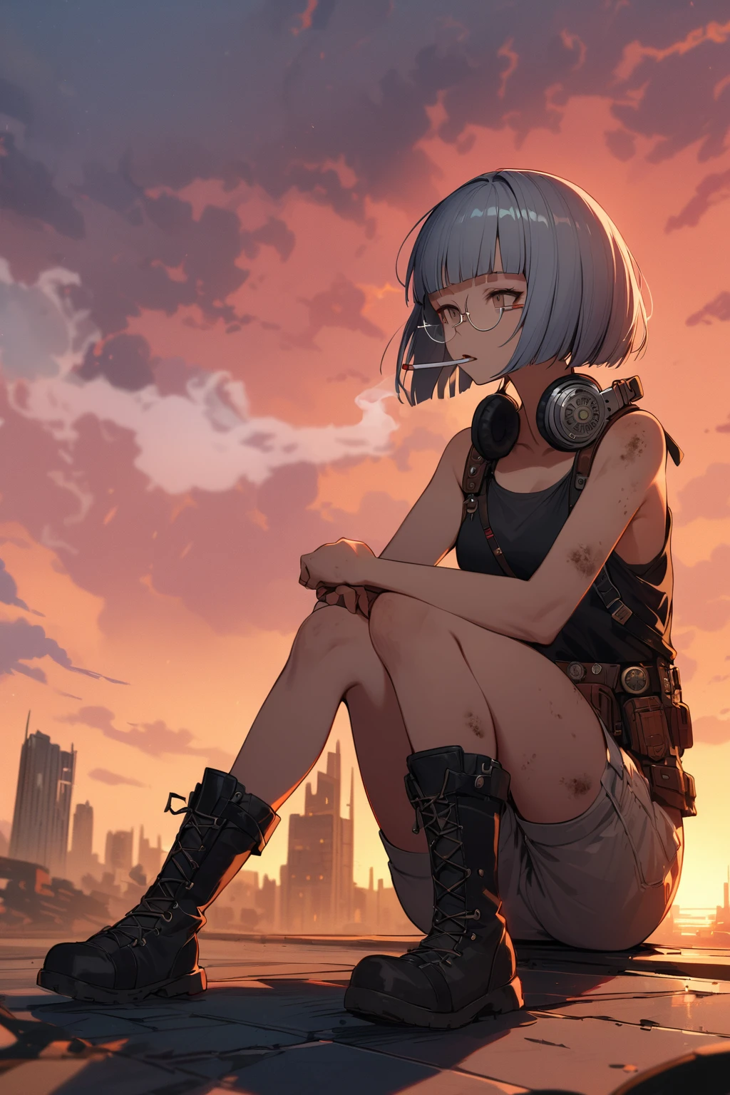 (extremely detailed fine touch:1.3), (((silver semi-rimless round eyewear:1.3))), (wear silver headphones around neck:0.8), short hair, blunt bangs, glowing cool 1girl, 2.5d face, side shot, look up, Sitting on the floor holding your knees, cigarette in one's mouth, smoke breath, black tanktop, bare arms, shorts, boots, dirty skin, sunset, extremely detailed zentang dieselpunk, ruined skyscrapers